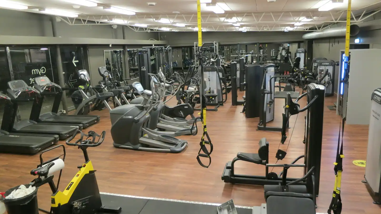 A commercial gym strength floor with racks and benches laid out in zones, showing how many squat racks a gym needs in practice