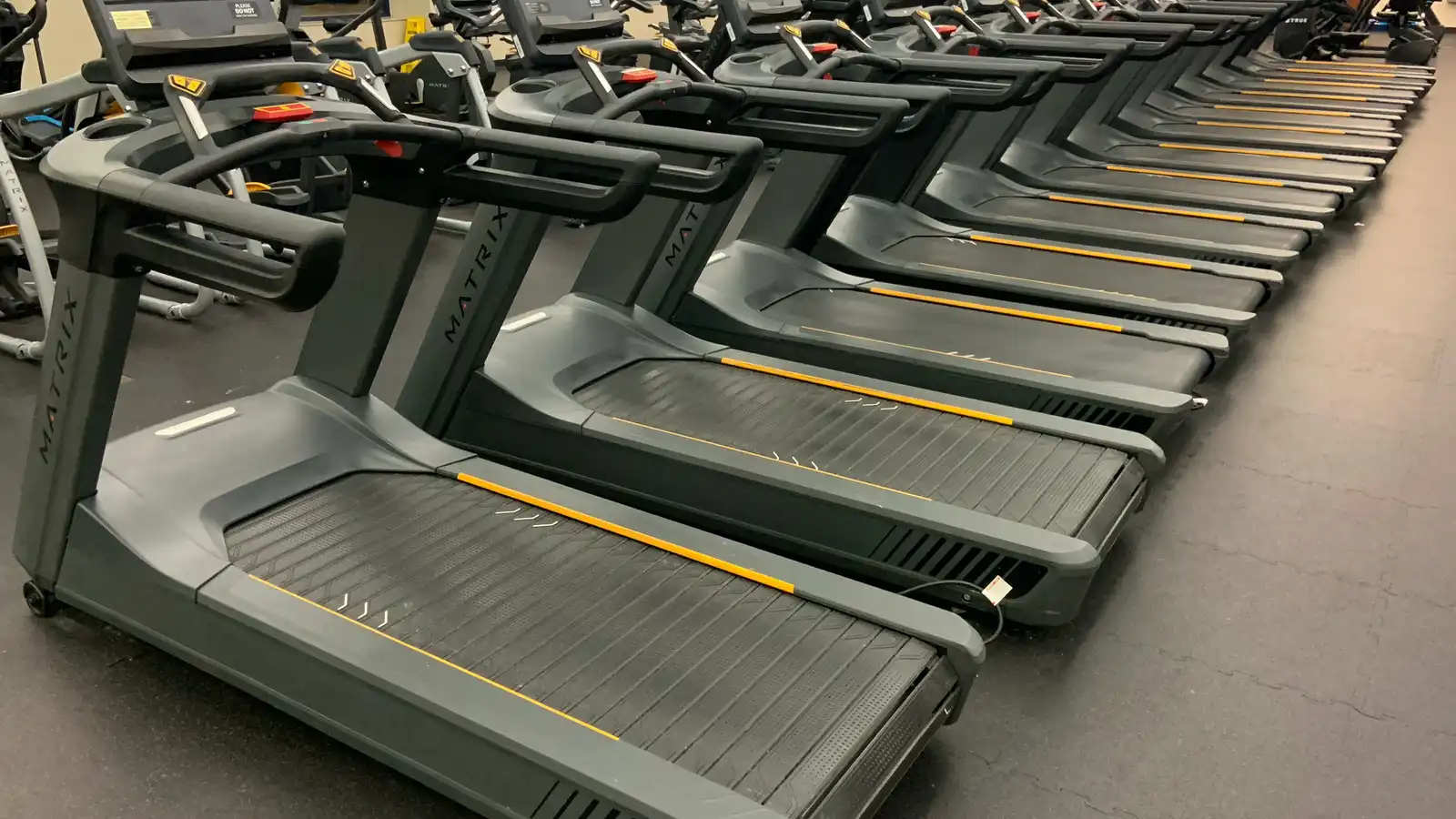 Row of commercial treadmills on a gym floor
